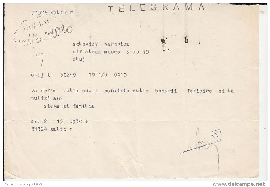 5170FM- COPY OF TELEGRAMME SENT LOCO IN CLUJ NAPOCA, 1981, ROMANIA - Télégraphes