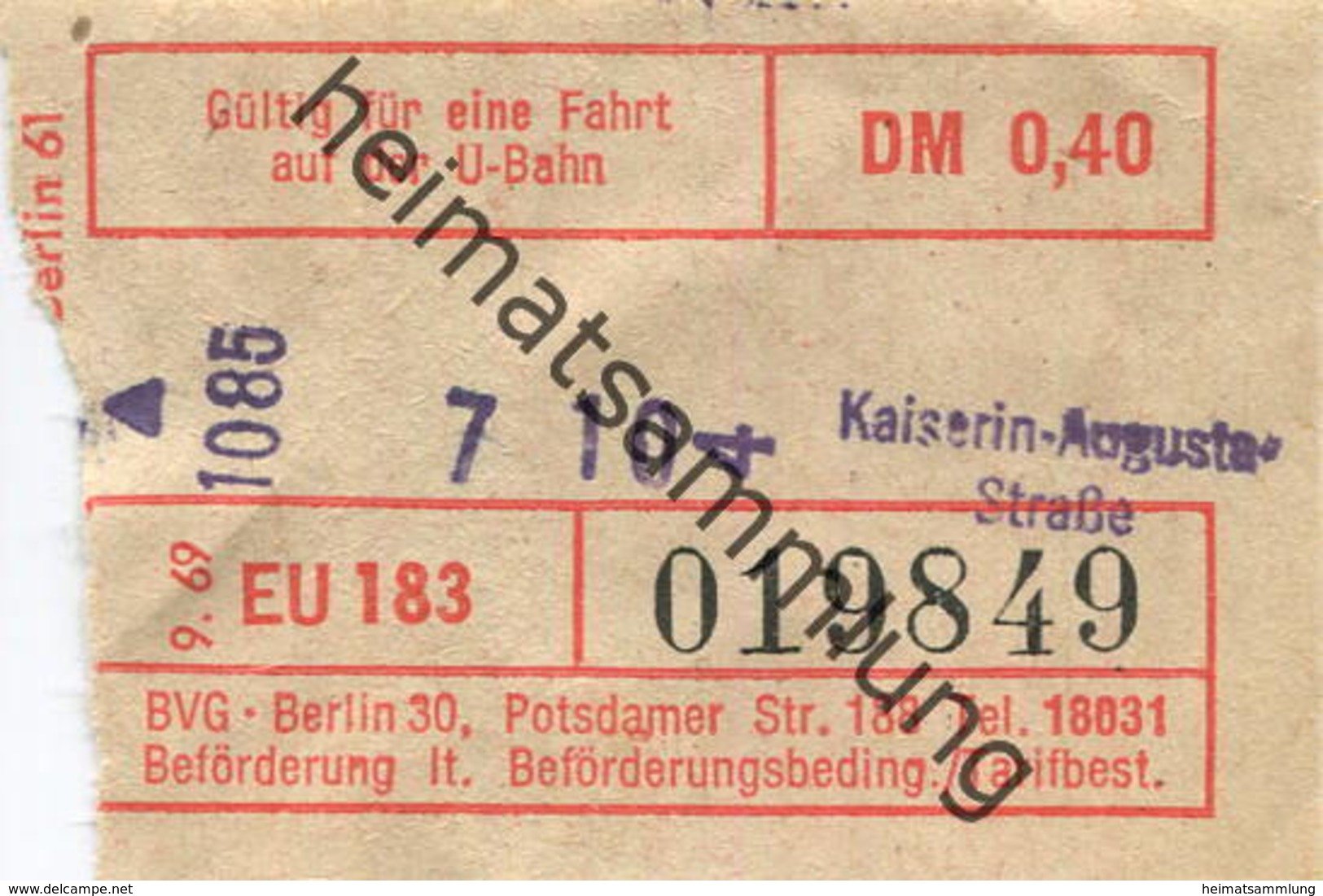 Deutschland - Berlin - U-Bahn Fahrschein BVG-Berlin 1971 - Kaiserin-Augusta-Strasse - Europe