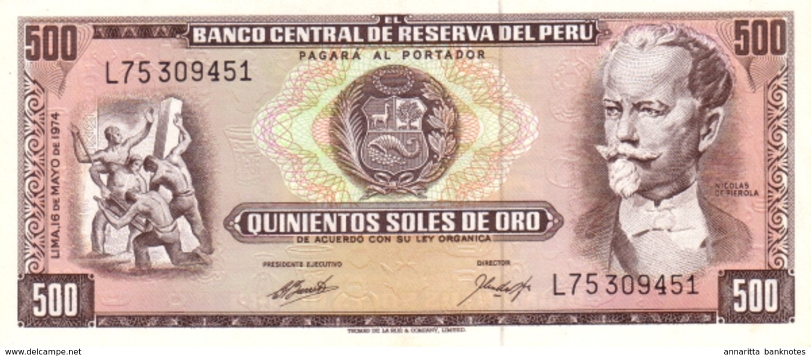 PERU 500 SOLES DE ORO 1974 P-104c UNC RARE GRADE  [PE104c] - Pérou