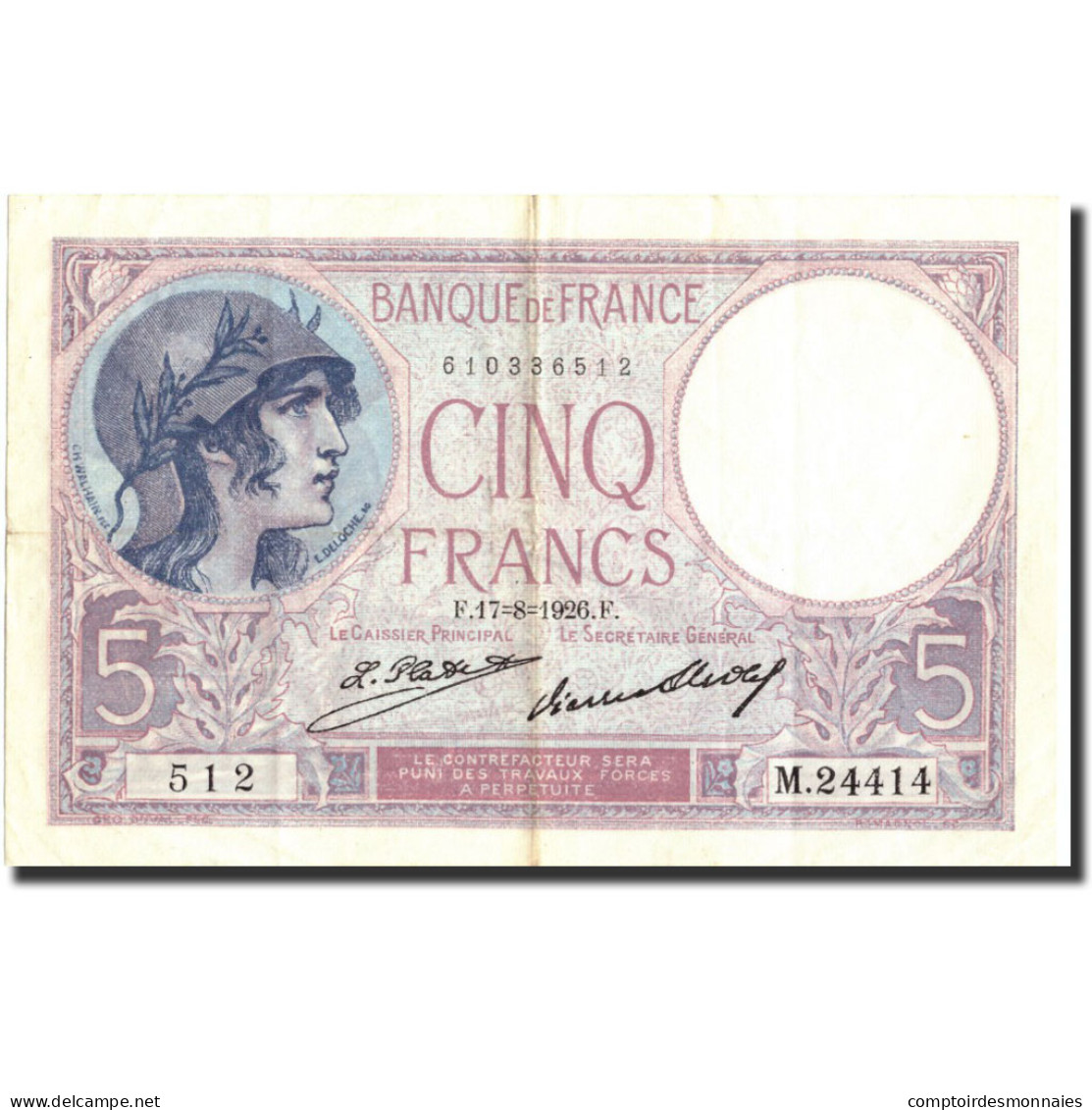 Billet, France, 5 Francs, 5 F 1917-1940 ''Violet'', 1926, 1926-08-17, TB - 5 F 1917-1940 ''Violet''