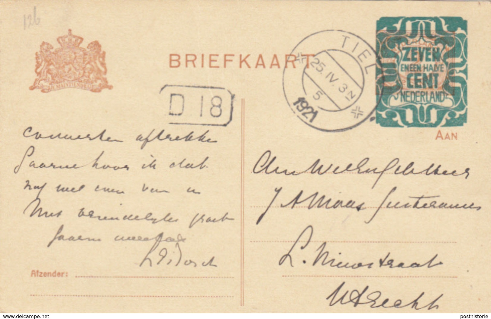 Briefkaart Met Opdruk 25 Apr 1921 Tiel (stempeltype Kortebalk) - Marcophilie