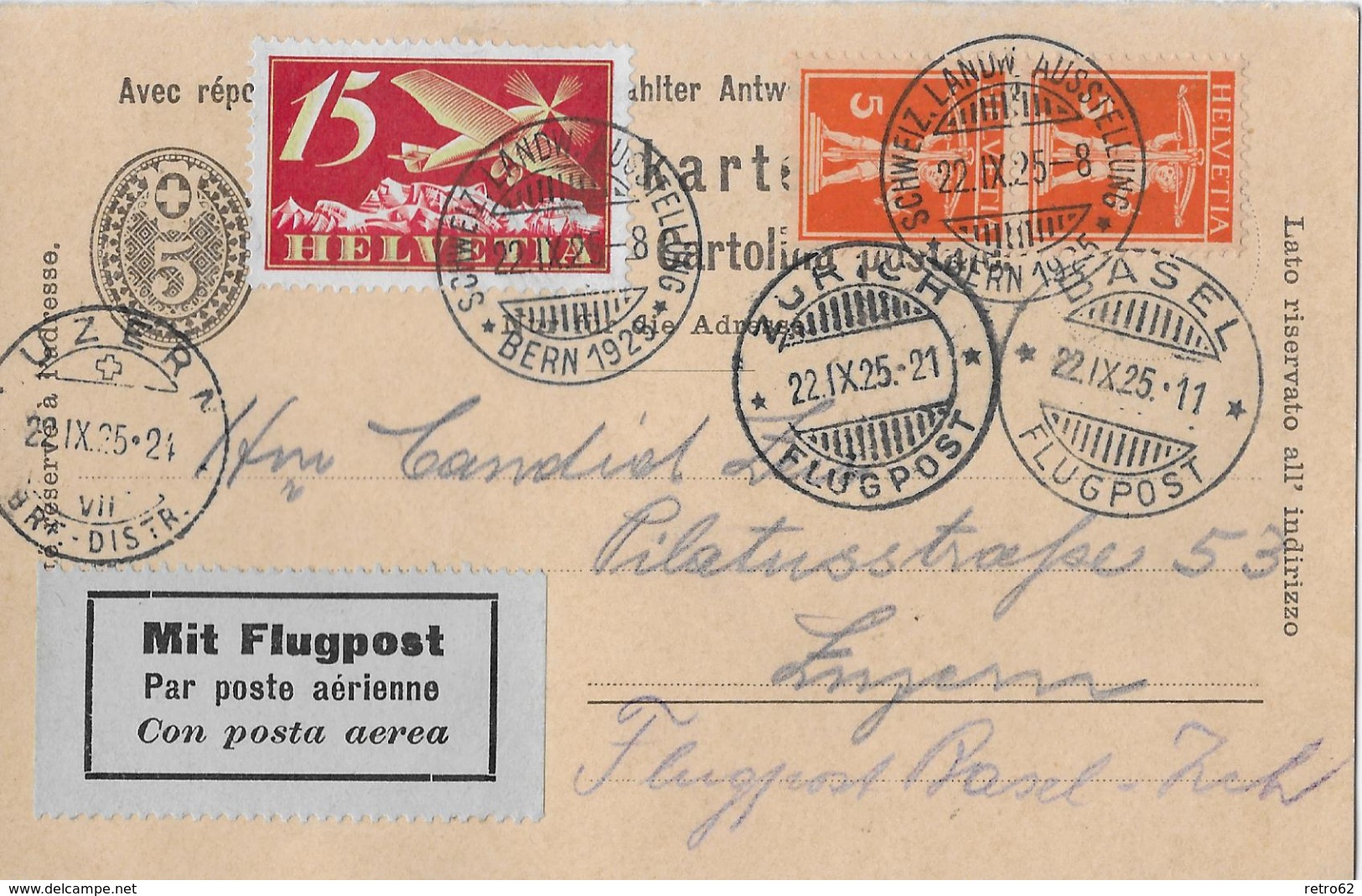 1925 POSTKARTE 5Rp. Mit Flugpost Basel-Zürich (schw.Landw.AusstellungLuzern)  &#x25BA;SBK-F3, 2x152&#x25C4; - Autres & Non Classés