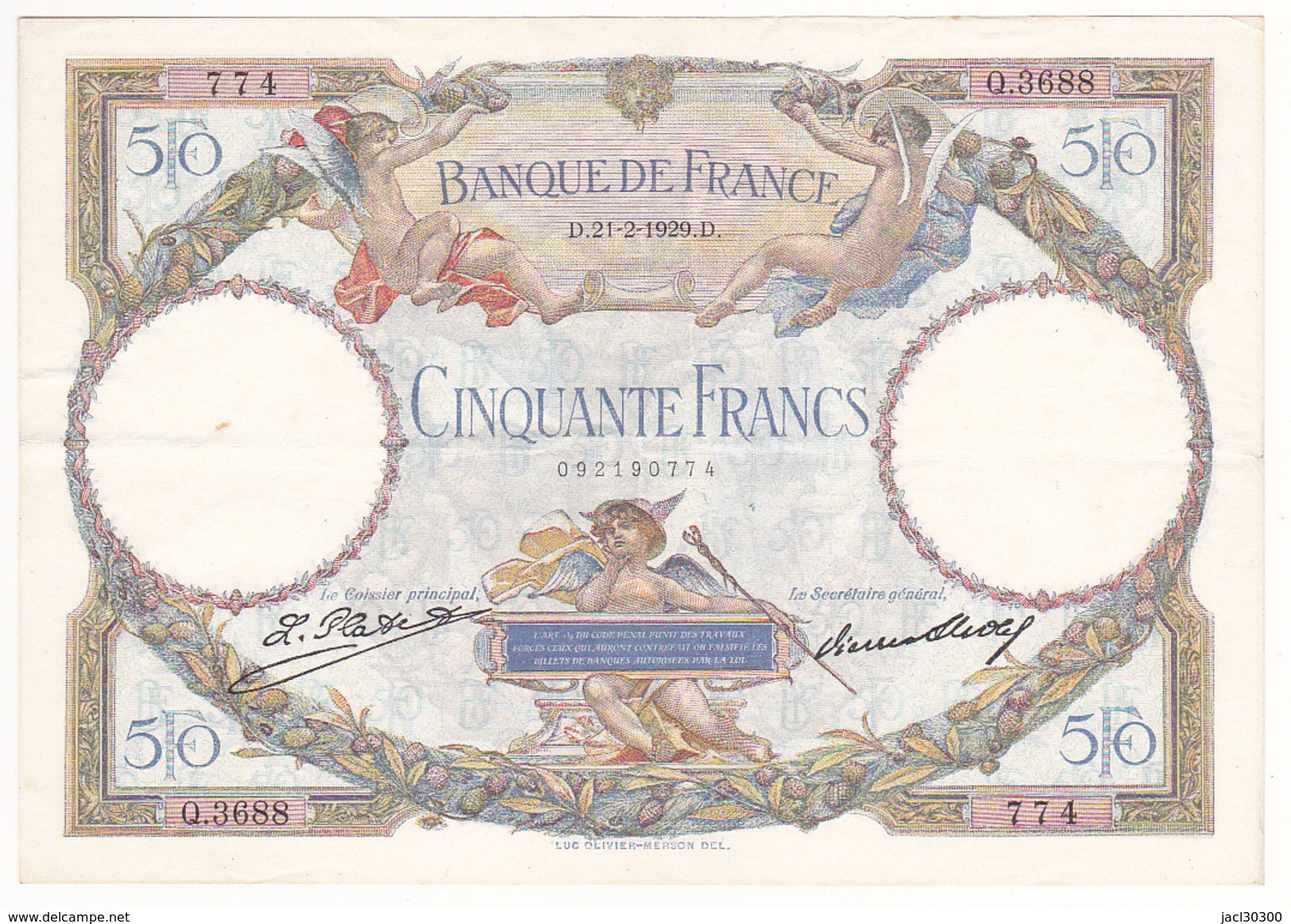 FRANCE : BILLET 50 FRANCS L.O.MERSON Du 21-2-1929 - 1 épinglage, Plis, Petite Fente 1mm, Non Aplati, (2 Scan) 1 - 50 F 1927-1934 ''Luc Olivier Merson''