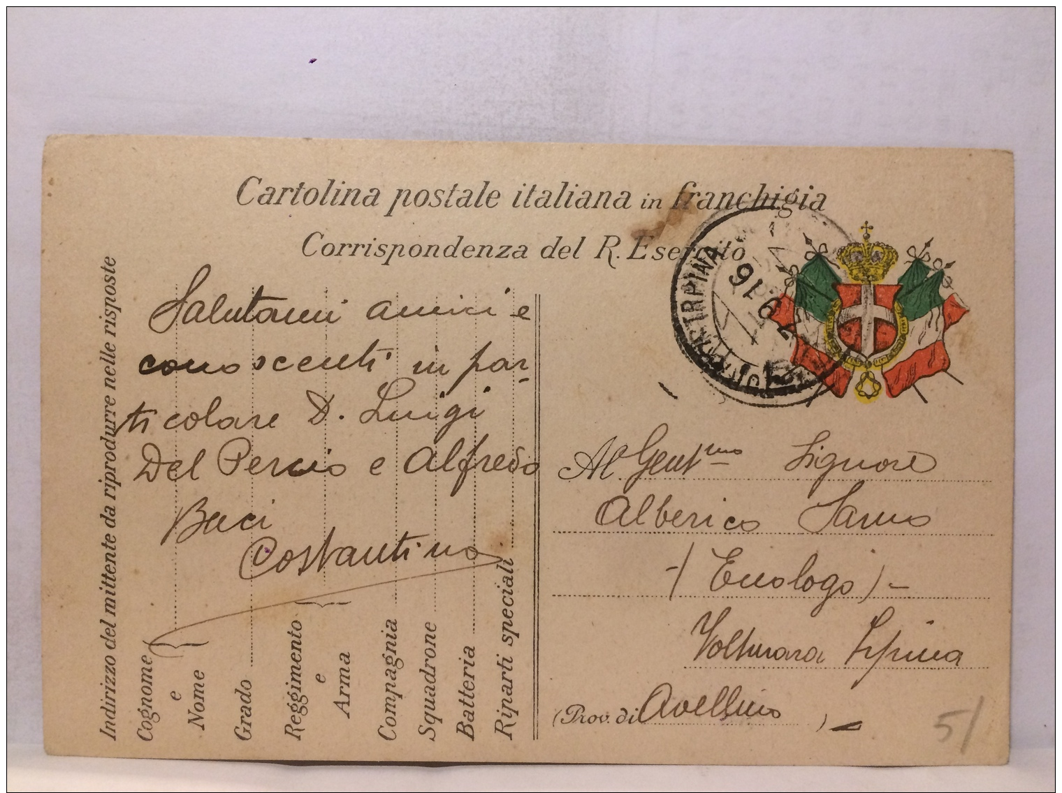 FBF,STORIA POSTALE,CARTOLINA,ITALIA,REGNO,IN FRANCHIGIA,CORR.ESERCITO,POSTA MILITARE,ETICHETTA,X AVELLINO - Marcophilie