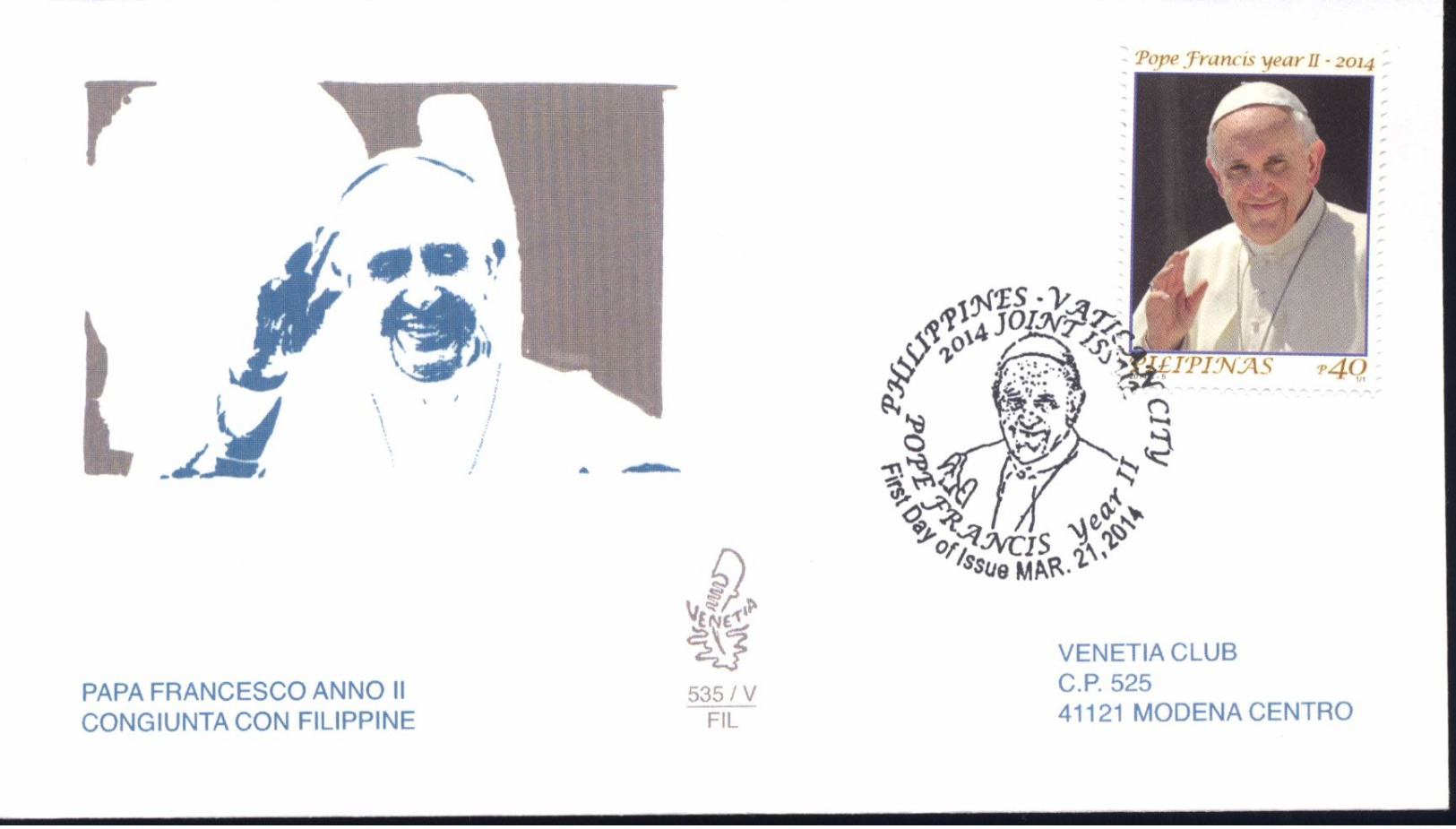 FDC VENETIA VATICANO 2014 535/FIL PAPA FRANCESCO FILIPPINE C. - FDC