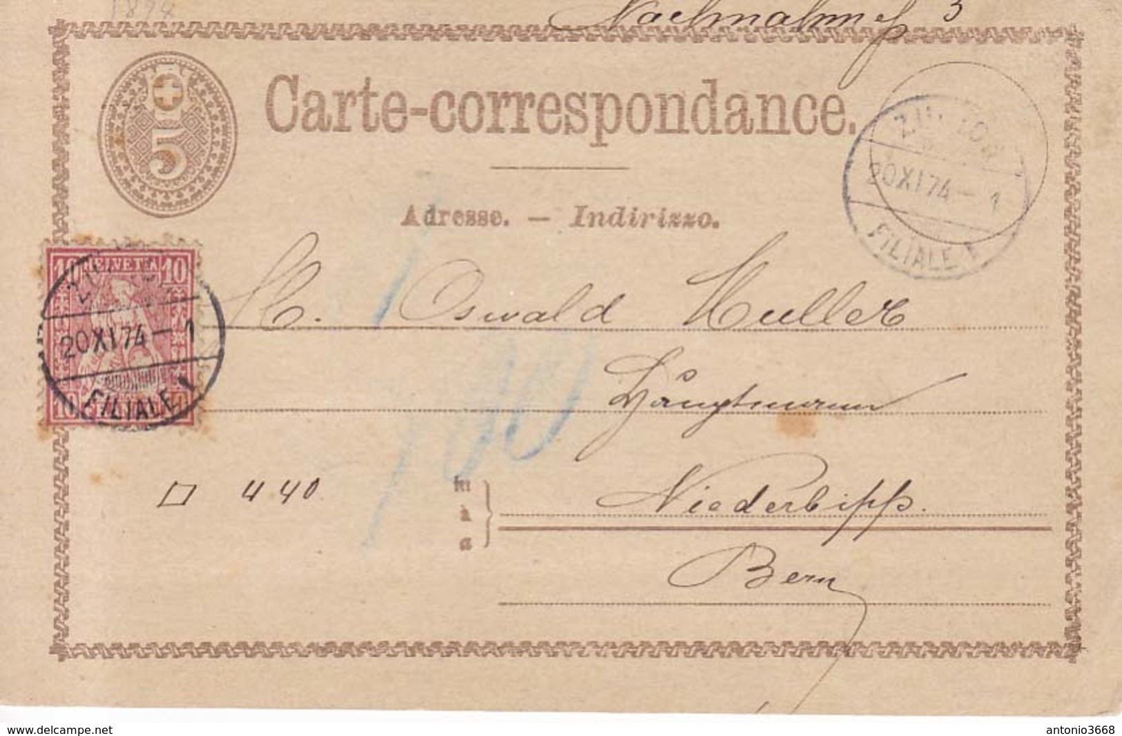 Suiza  Año 1874 Entero Postal Circulado A Niederbipps  Matasellos Zurich, Durmund - Stamped Stationery