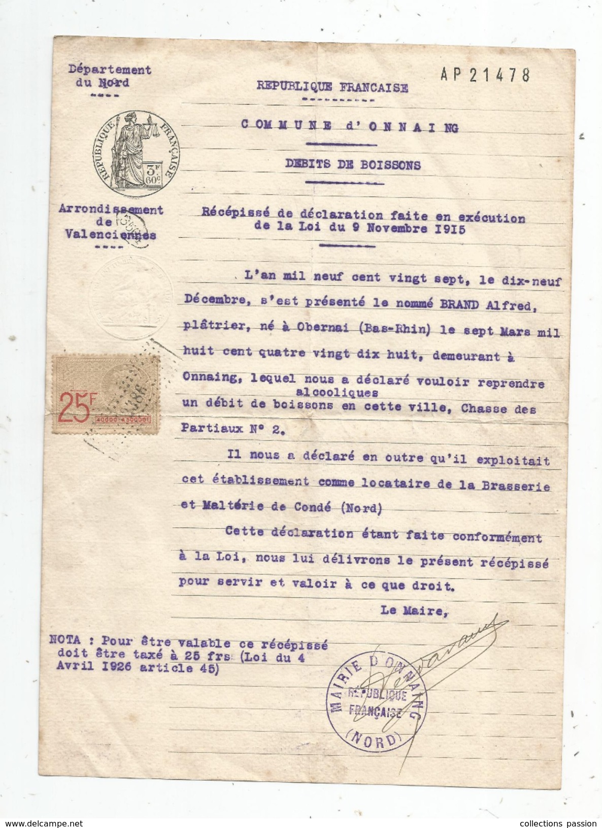 Récépissé De Déclaration De DEBITS DE BOISSONS , Commune D'ONNAING , Nord , 1927 , Timbré  , Frais Fr : 1.55 &euro; - Non Classés