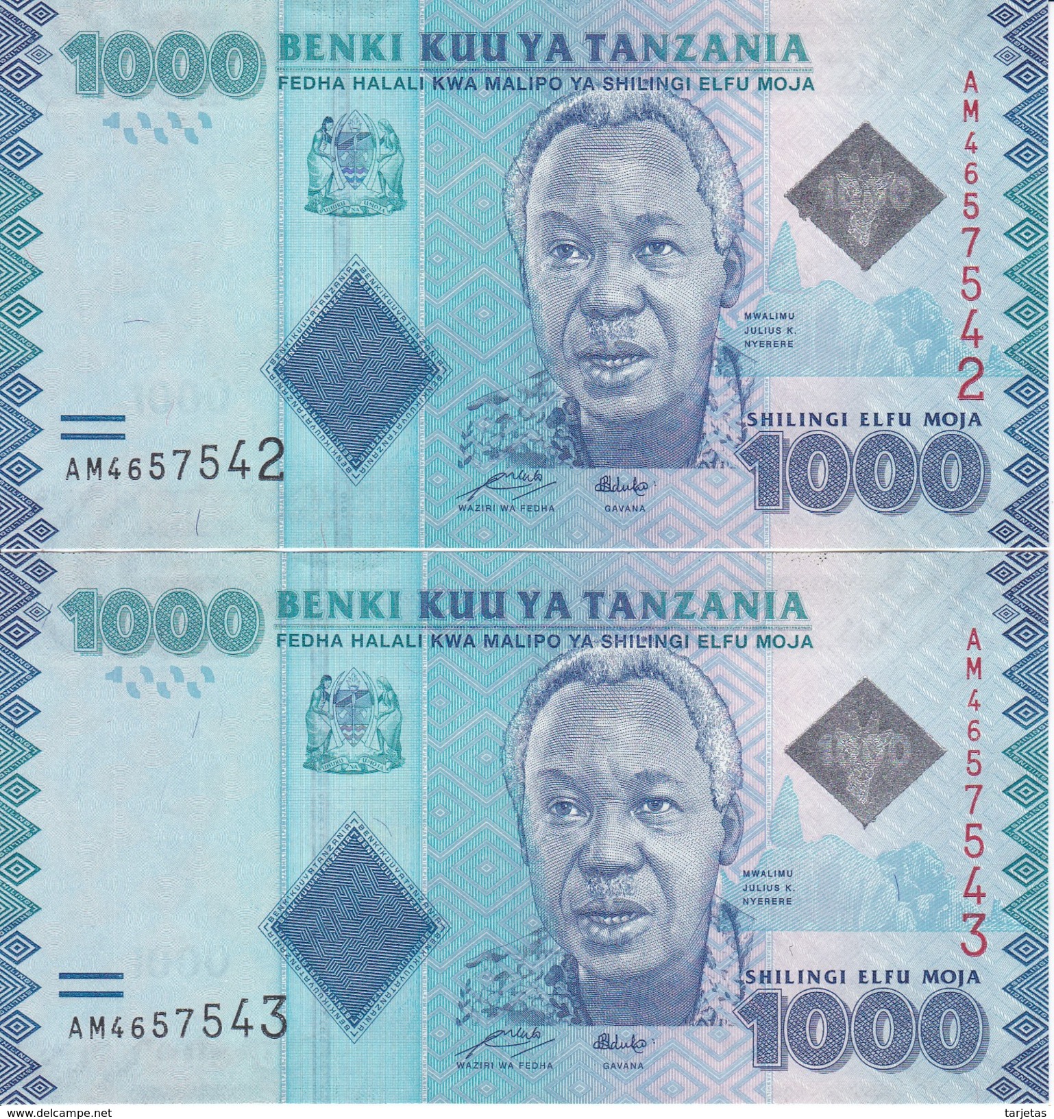 PAREJA CORRELATIVA DE TANZANIA DE 1000 SHILLINGS DEL AÑO 2010  (BANKNOTE) NUEVO SIN CIRCULAR - Tanzanie