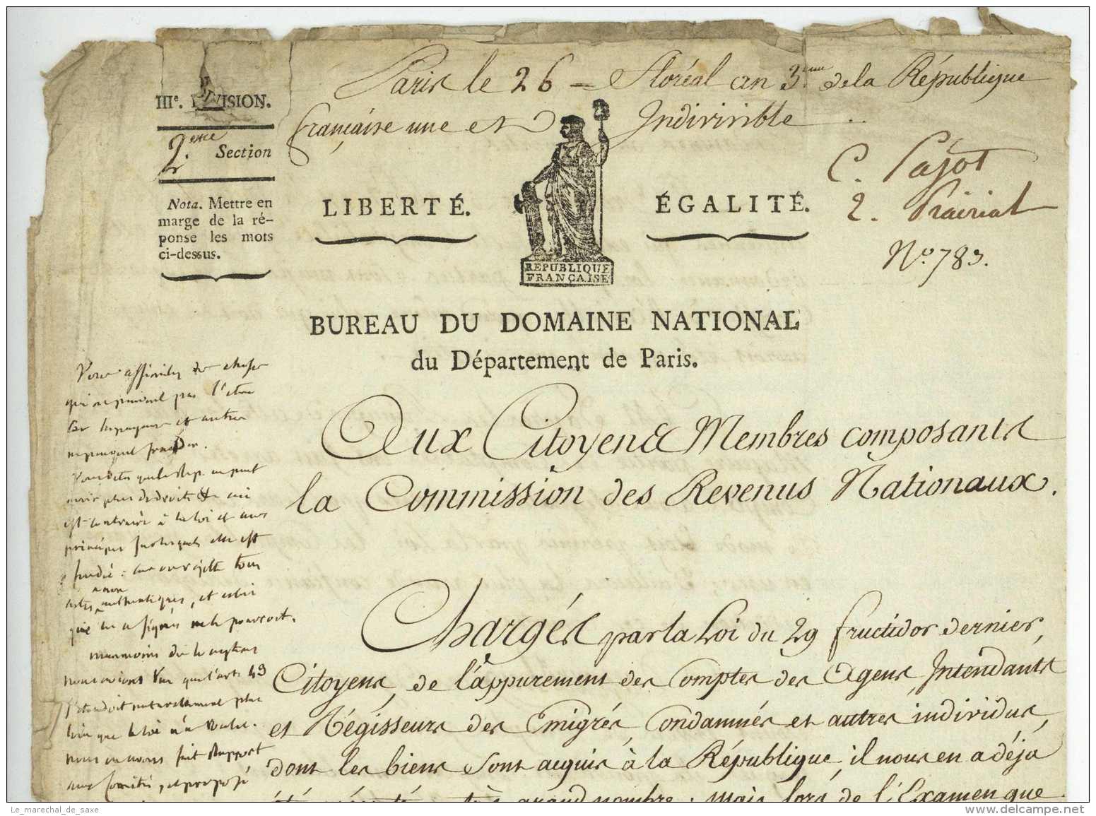 Revolution Paris Mai 1795 Bureau Du Domaine National L.S. DUCHATEL Et ? EMIGRES - Documents Historiques