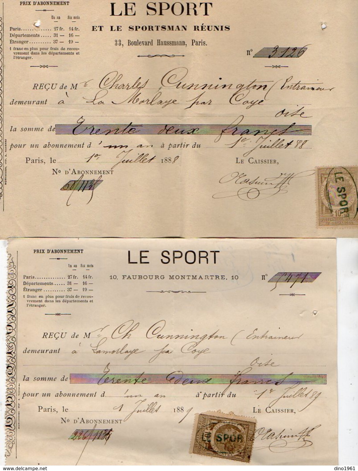 VP9942 - Hippisme - 2 Reçus Du Journal Le Sport & Le Sportsman Réunis à PARIS Bd Haussemann & Faubourg Montmartre - Sport En Toerisme