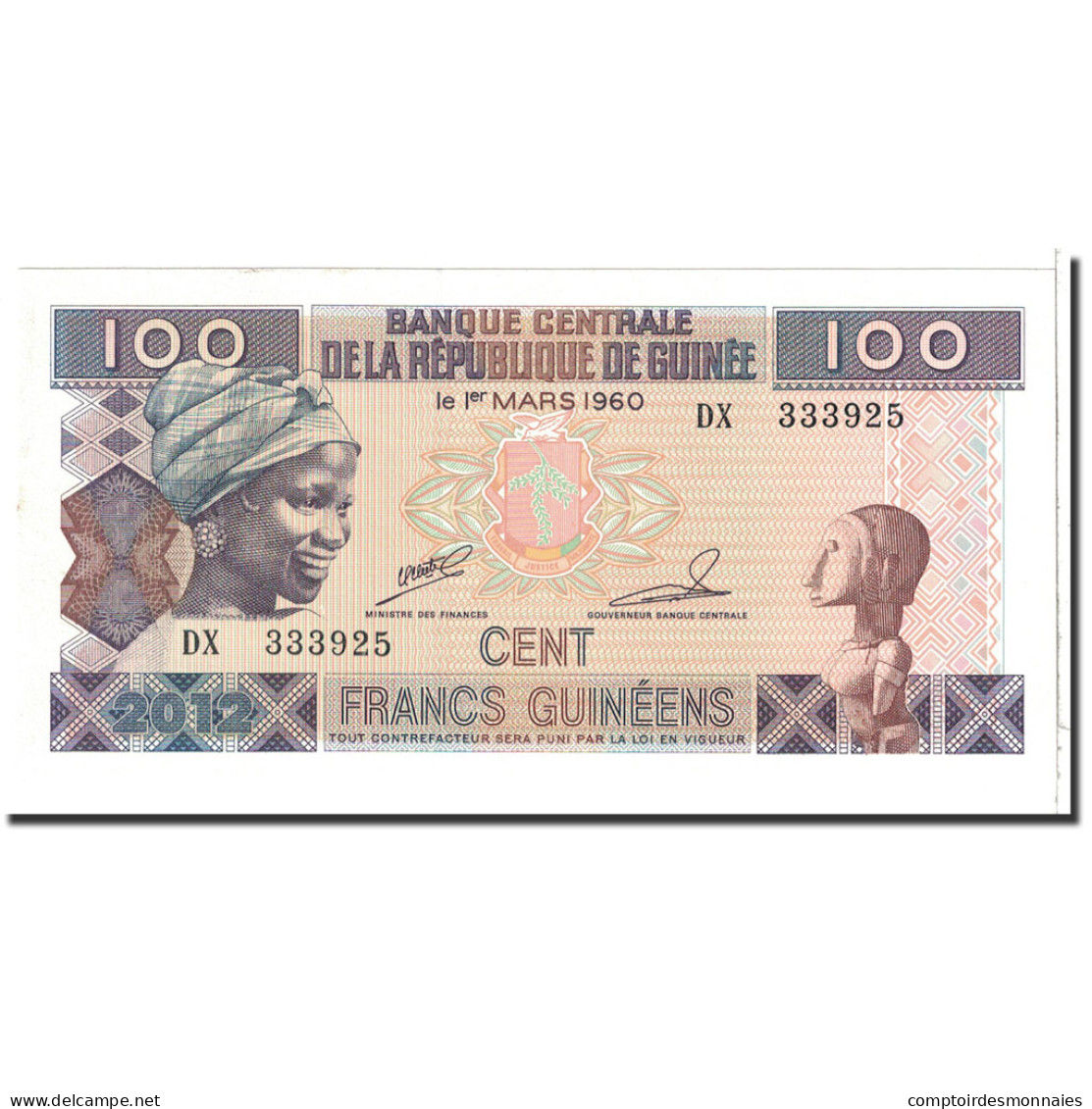 Billet, Guinea, 100 Francs, 2012, Undated, KM:35b, NEUF - Guinée