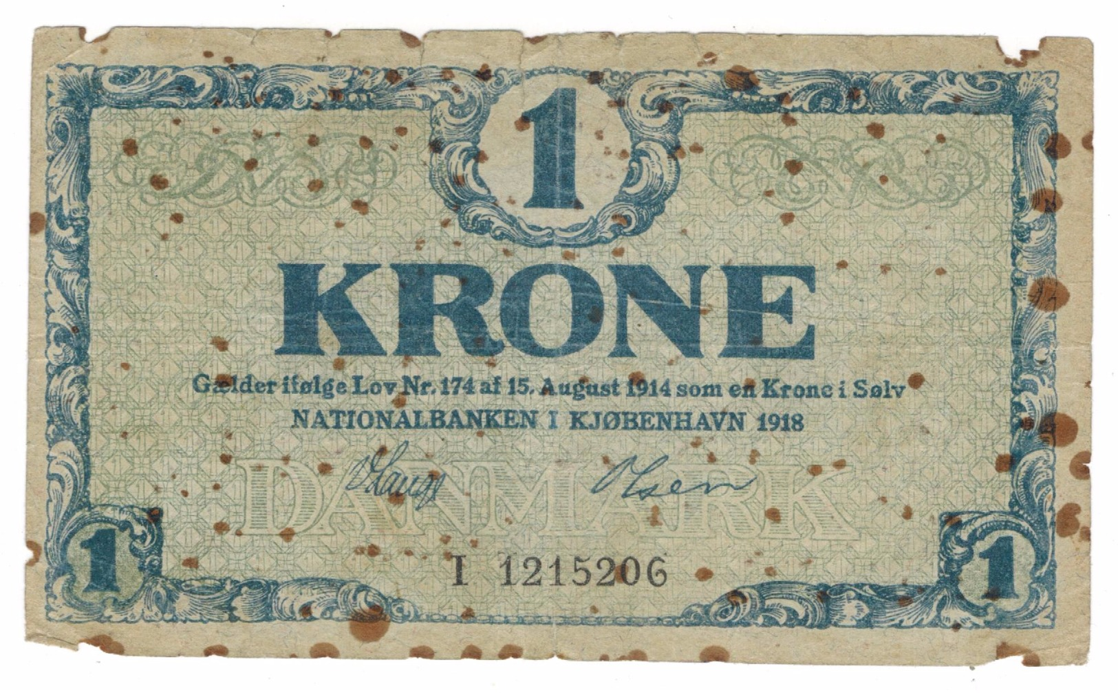 Denmark 1 Kr. 1918, Used, See Scan, Free Ship. To USA. - Danemark