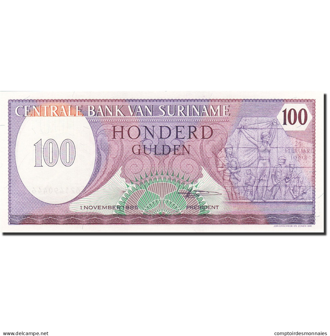 Billet, Surinam, 100 Gulden, 1982, 1985-11-01, KM:128b, NEUF - Surinam