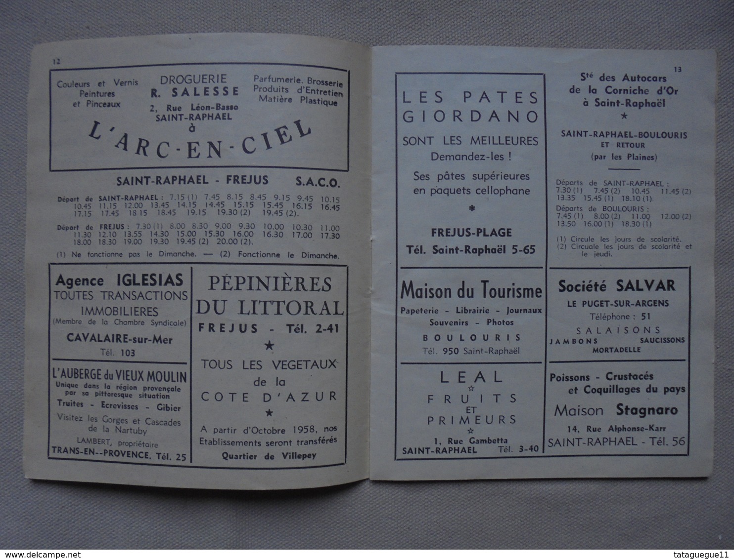 Ancien - Horaire Hiver 1958-59 Tous Les Services De Car - Région St Raphaël - Europa