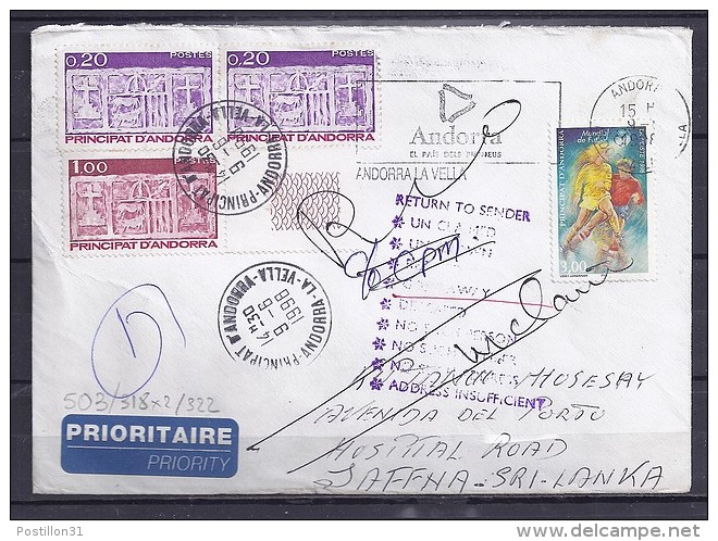 ANDORRE TP N°503+318x2+322 SUR LETTRE DU 9.6.98 POUR LE SRI LANKA - Brieven En Documenten