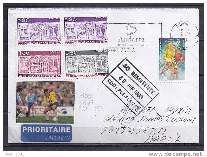 ANDORRE TP N°503+318x2+322+321 SUR LETTRE DU 9.6.98 POUR LE BRESIL - Storia Postale