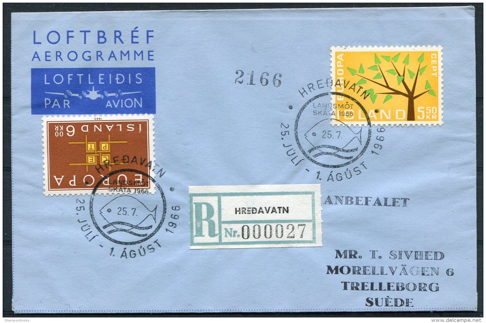 1966 Iceland Hredavatn Registered Aerogramme Scouts Europa - Covers & Documents