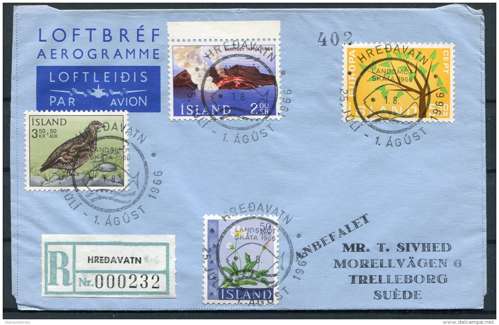 1966 Iceland Hredavatn Registered Aerogramme Scouts - Covers & Documents