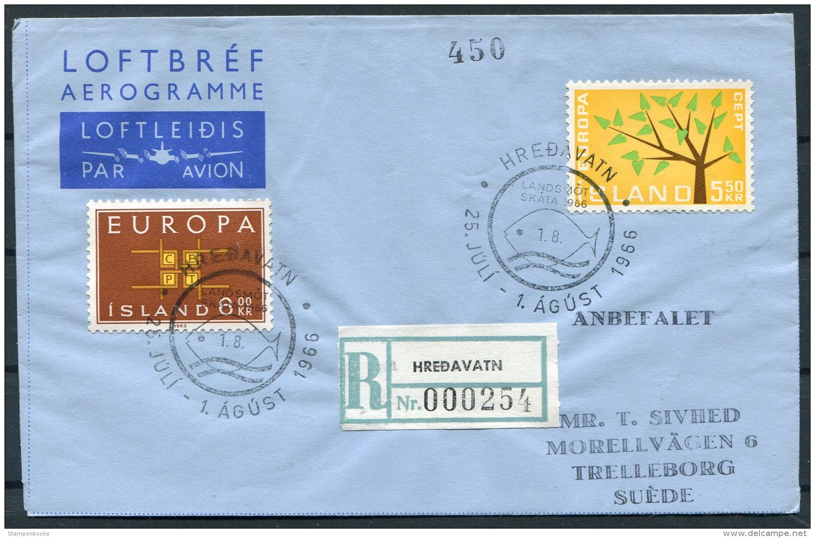 1966 Iceland Hredavatn Registered Aerogramme Scouts - Covers & Documents