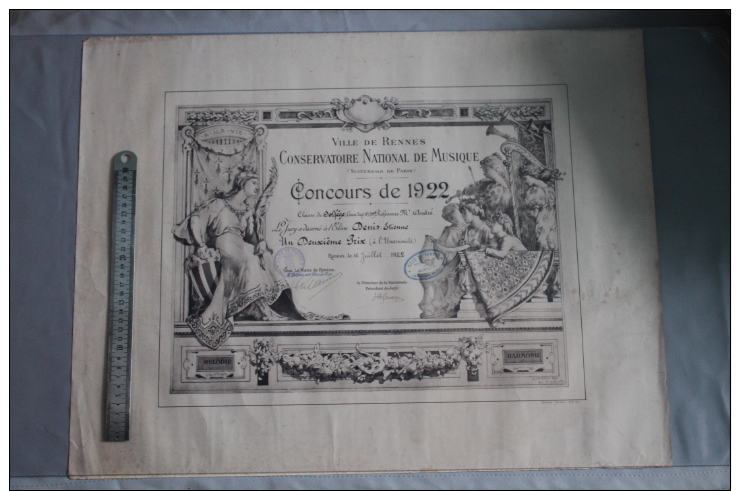 Diplome Du Conservatoire De Musique De Rennes 1922 - Diploma & School Reports