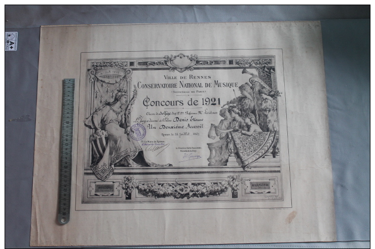 Diplome  Du Conservatoire De Musique  De Rennes 1921 - Diploma & School Reports