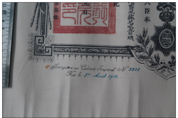 Certificat De Chevalier De L'ordre Du Dragon D'annam 1936 Avec Sa Lettre D'envoi En Bambou  INDOCHINE - Autres & Non Classés