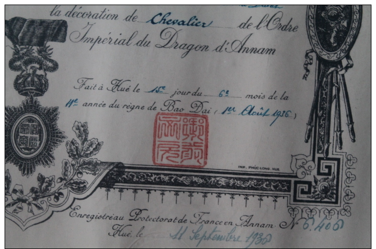 Certificat de chevalier de l'ordre du dragon d'annam 1936 avec sa lettre d'envoi en bambou  INDOCHINE