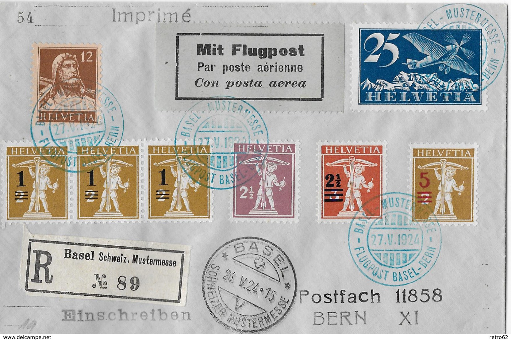 1924 FLUGPOST BASEL-BERN (Basel Mustermesse) 6-fache Super Mischfrankatur   &#x25BA;RRR&#x25C4; - Erst- U. Sonderflugbriefe