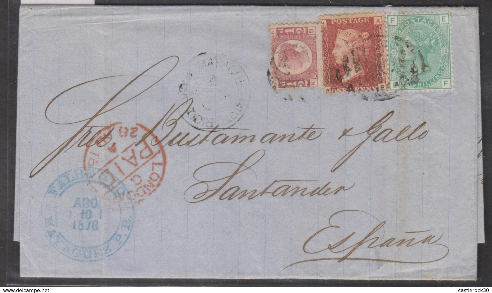 O) 1876 GREAT BRITAIN, BRITISH OFFICE FROM PUERTO RICO MAYAGUEZ, C61 TO BUSTAMANTE Y GALLO TO SANTANDER SPAIN, BEAUTIFUL - Lettres & Documents