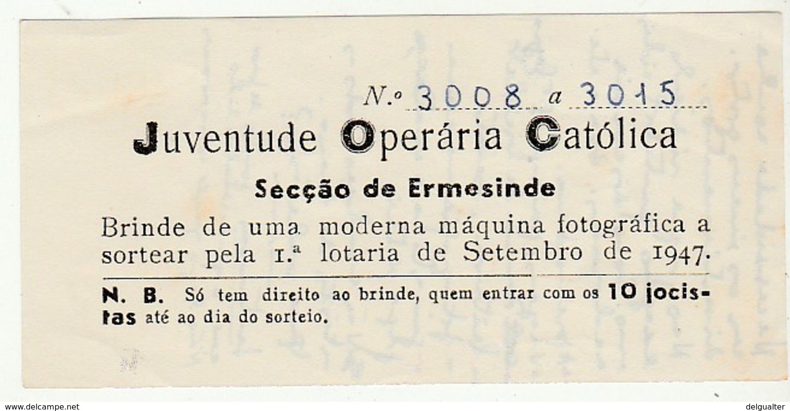 Ticket * Portugal * Juventude Operaria Catolica * Ermesinde * 1947 - Biglietti Della Lotteria