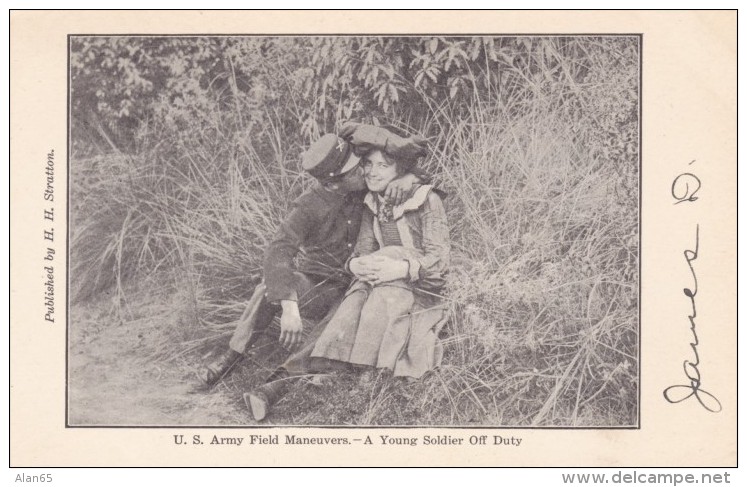 US Army Field Maneuvers Humor Romance Soldier Kisses Woman, C1900s Vintage Postcard - Humour