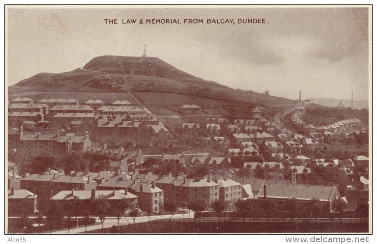 Dundee Scotland, Lochee, The Law And Memorial From Balgay, C1930s Vintage Postcard - Angus