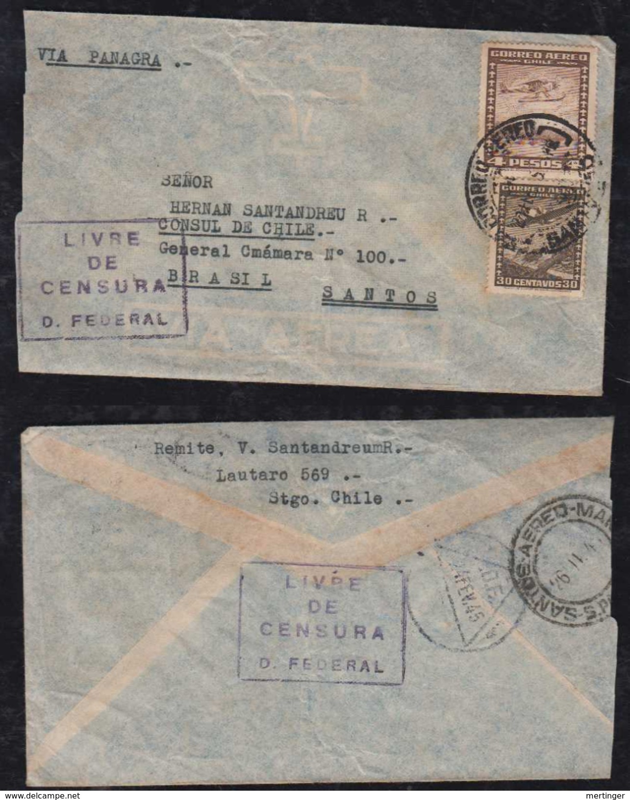 Chile 1945 Censor AIRMAIL Cover To SANTOS Brazil - Chile