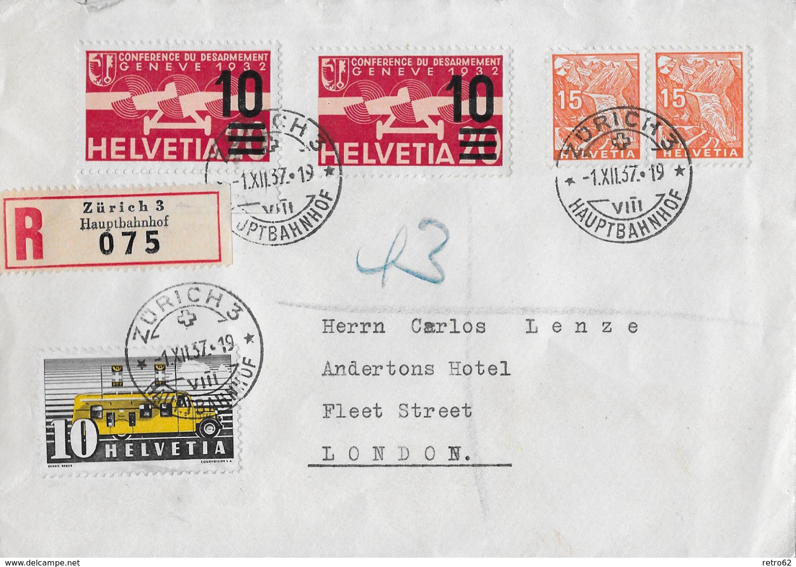 1937 LUFTPOST ZÜRICH-LONDON &rarr; R-Brief Mit Schöner MIschfrankatur  &#x25BA;SBK 2xF21,2x197,276&#x25C4; - Autres & Non Classés