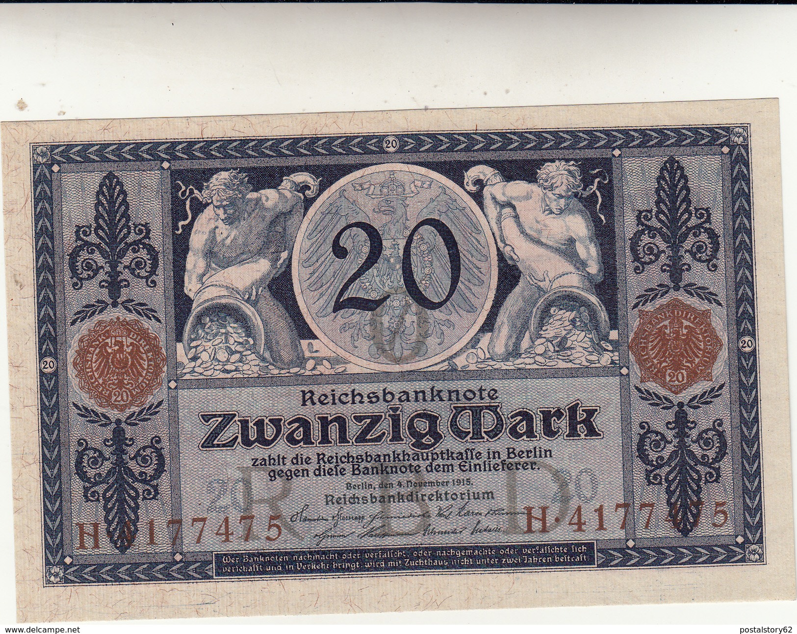 20 Zwanzig Mark Reichs Banknote 1915 FDS - 20 Mark