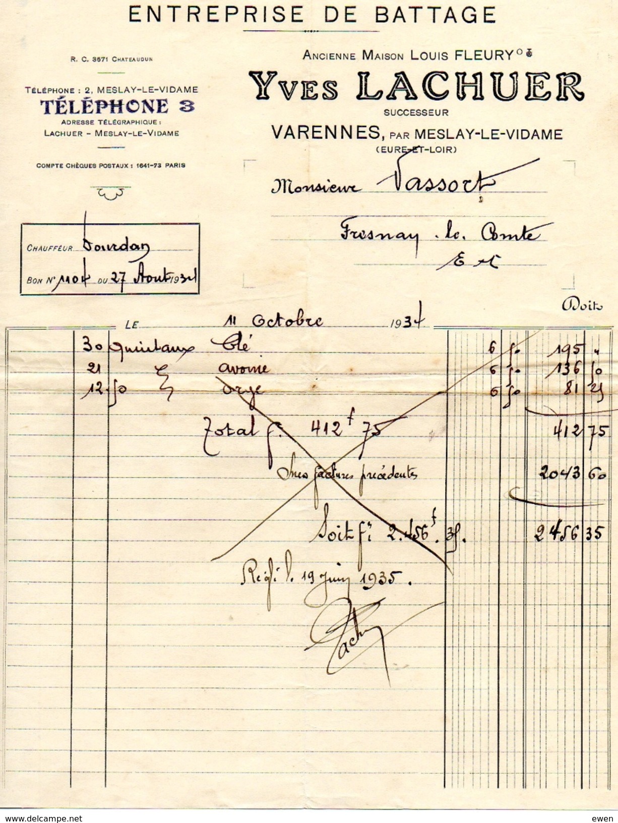 Varennes Par Meslay-le-Vidame. Entreprise De Battage Yves Lachuer. 1931. - Agricultura