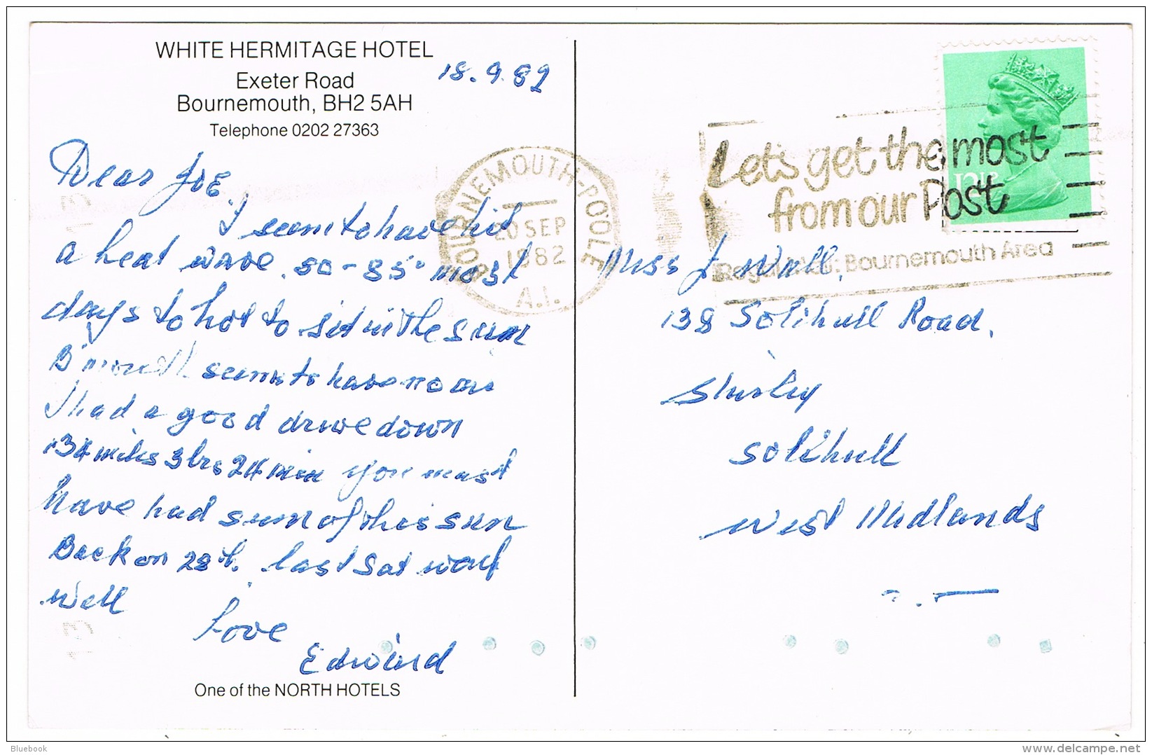 RB 1149 - 1982 Postcard - White Hermitage Hotel Bournemouth Dorset - Ex Hampshire - Bournemouth (ab 1972)