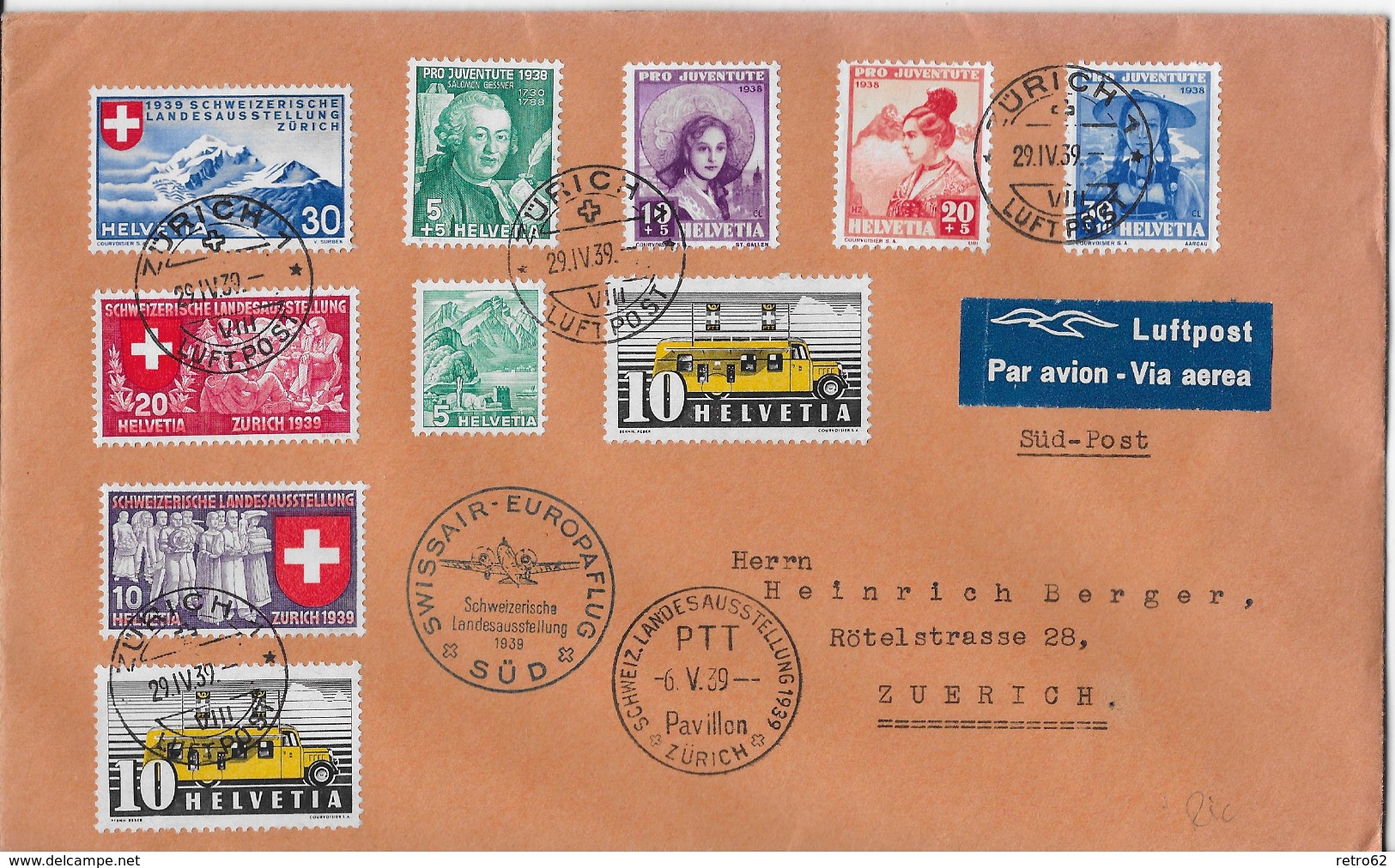 1939 SWISSAIR - EUROPAFLUG SÜD &rarr;Schw.Landesausstellung 1939 Schöne 10-fach Mischfrankatur - Premiers Vols