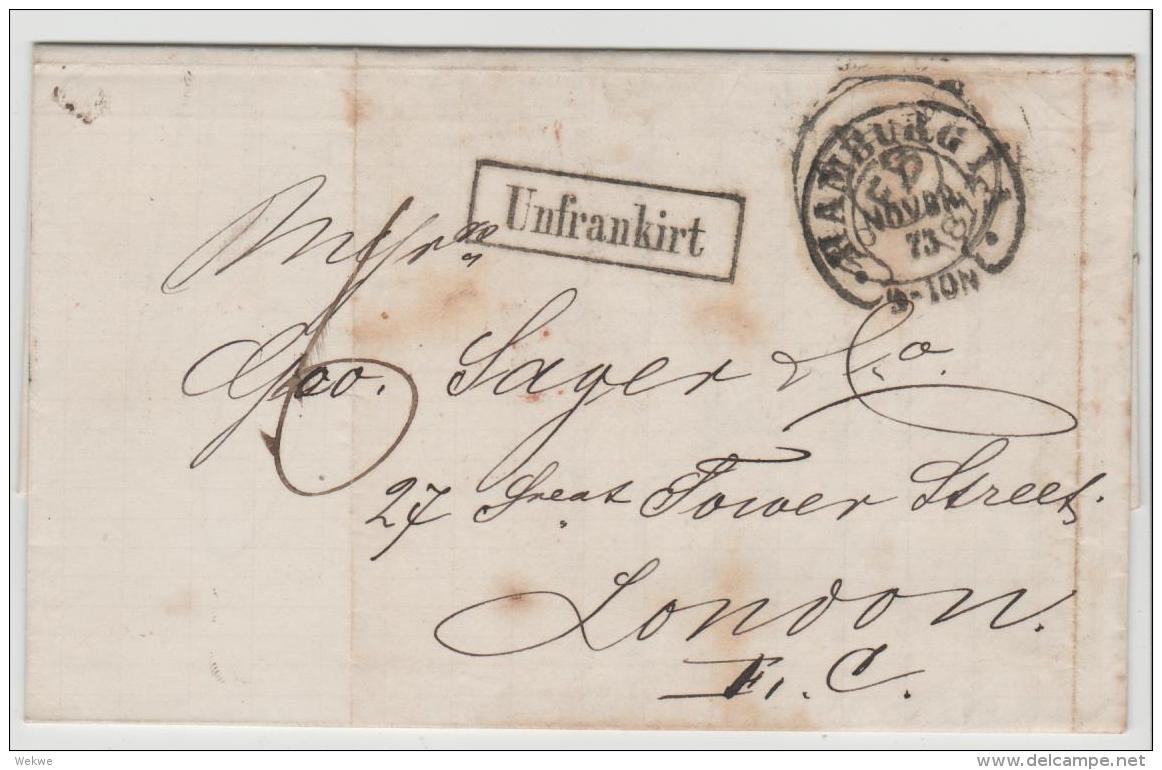 Brs238 / Unterfrankierter Brief Mit Hufeisenstempel Hamburg 1873 Nach Lodon - Briefe U. Dokumente