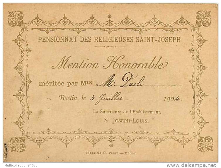 20 - 280317 - HAUTE CORSE - BASTIA Pensionnat Des Religieuses Saint Joseph - Mention Honorable Bon Point 3 Juillet 1904 - Bastia