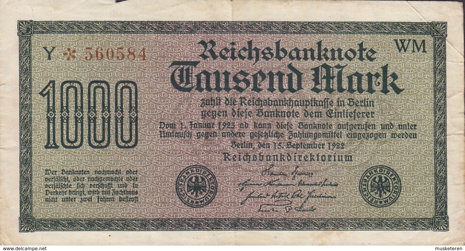 Germany - 1000 MARK Reichsbanknote (15-9-1922) Y 560584 WM (2 Scans) - 1000 Mark