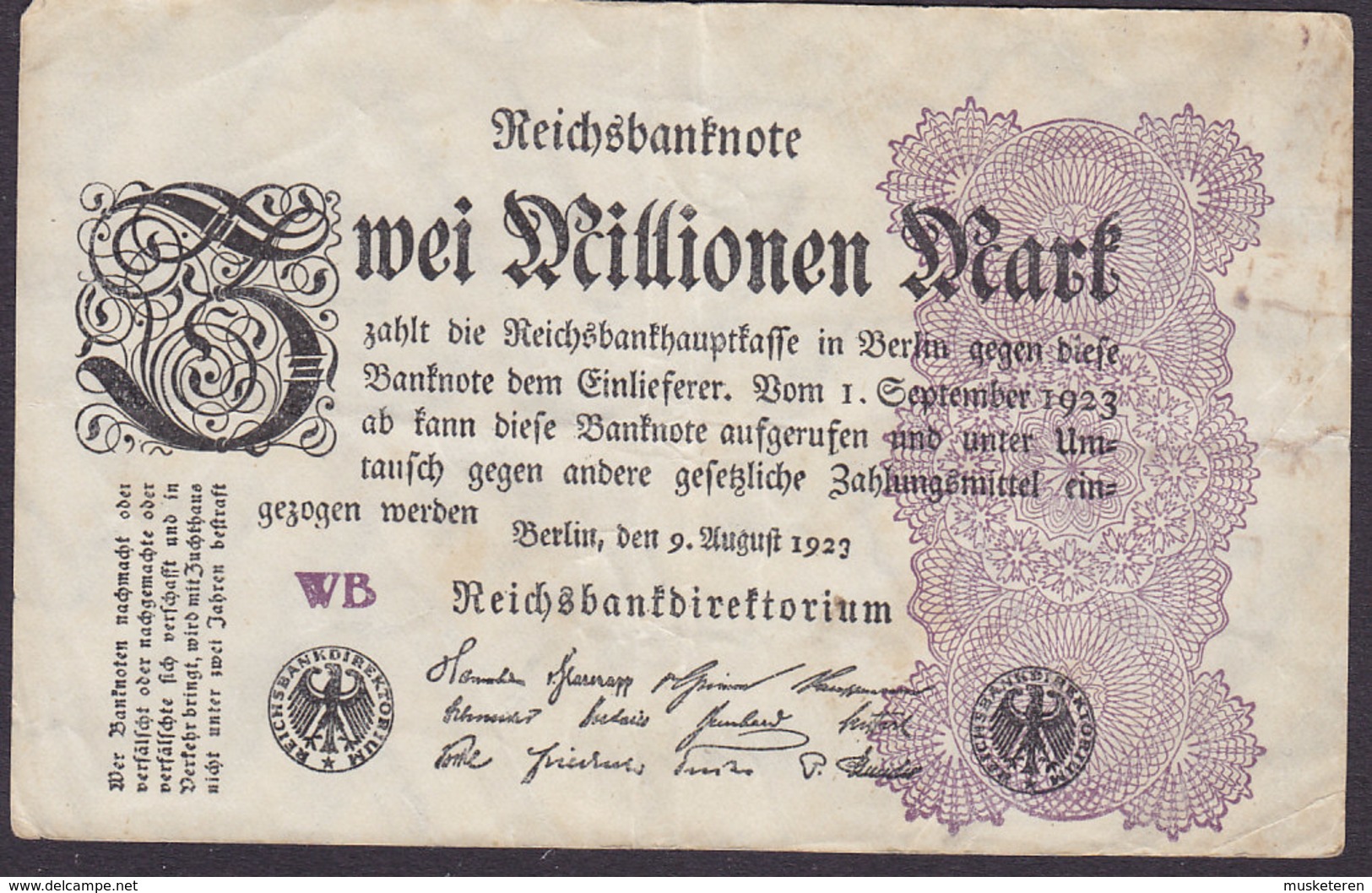 Germany - 2.000.000 MARK Reichsbanknote Berlin (9-8-1923) (WB) (2 Scans) - 2 Mio. Mark