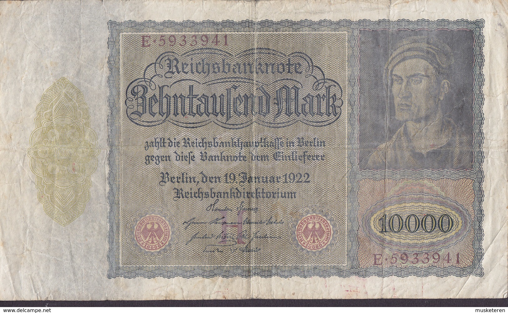 Germany - 10.000 MARK Reichsbanknote Berlin (19-1-1922) E 593341 (2 Scans) - 10000 Mark