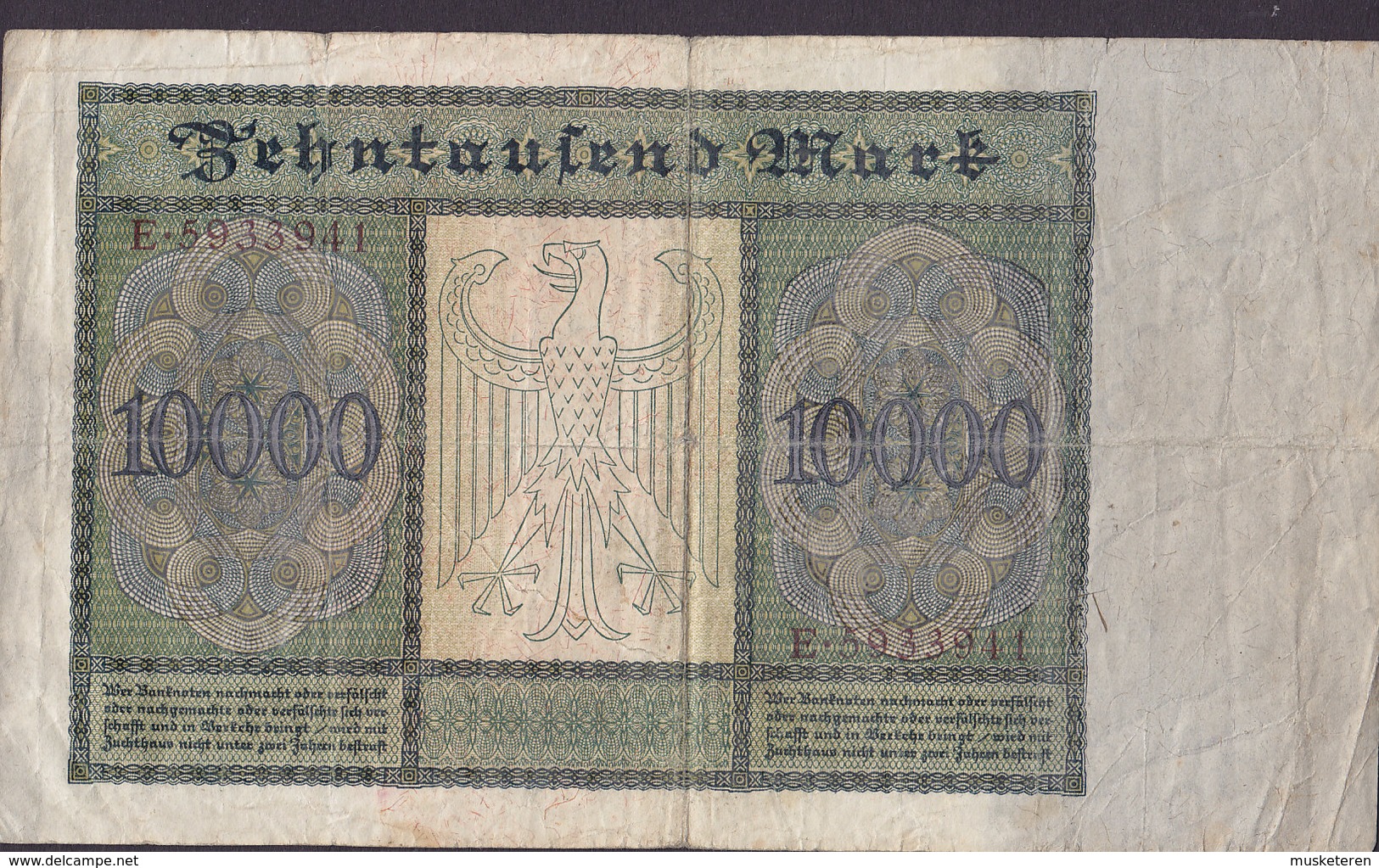 Germany - 10.000 MARK Reichsbanknote Berlin (19-1-1922) E 593341 (2 Scans) - 10000 Mark