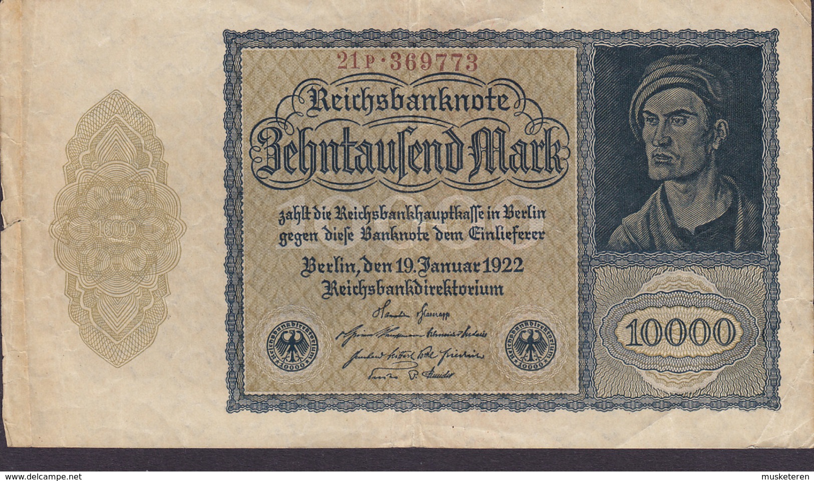 Germany - 10.000 MARK Reichsbanknote Berlin (19-1-1922) 21p 369773 (2 Scans) - 10000 Mark