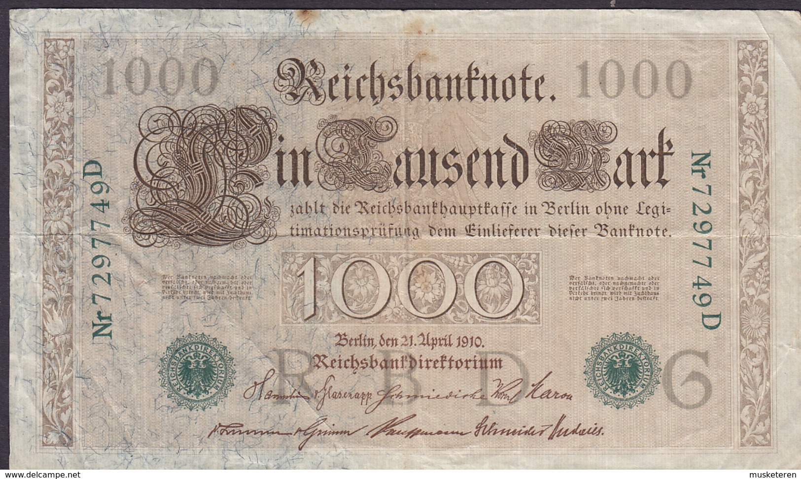 Germany - 1.000 MARK Reichsbanknote Berlin (21-4-1910) Nr. 72977 49 D (2 Scans) - 1000 Mark