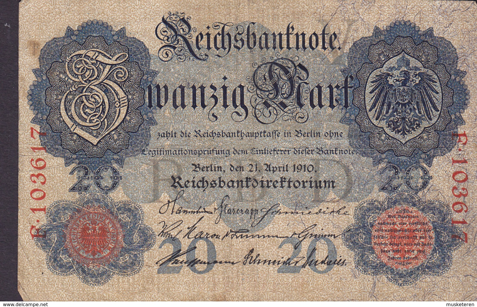 Germany - 20 MARK Reichsbanknote Berlin (21-4-1910) F 103617 (2 Scans) - 20 Mark