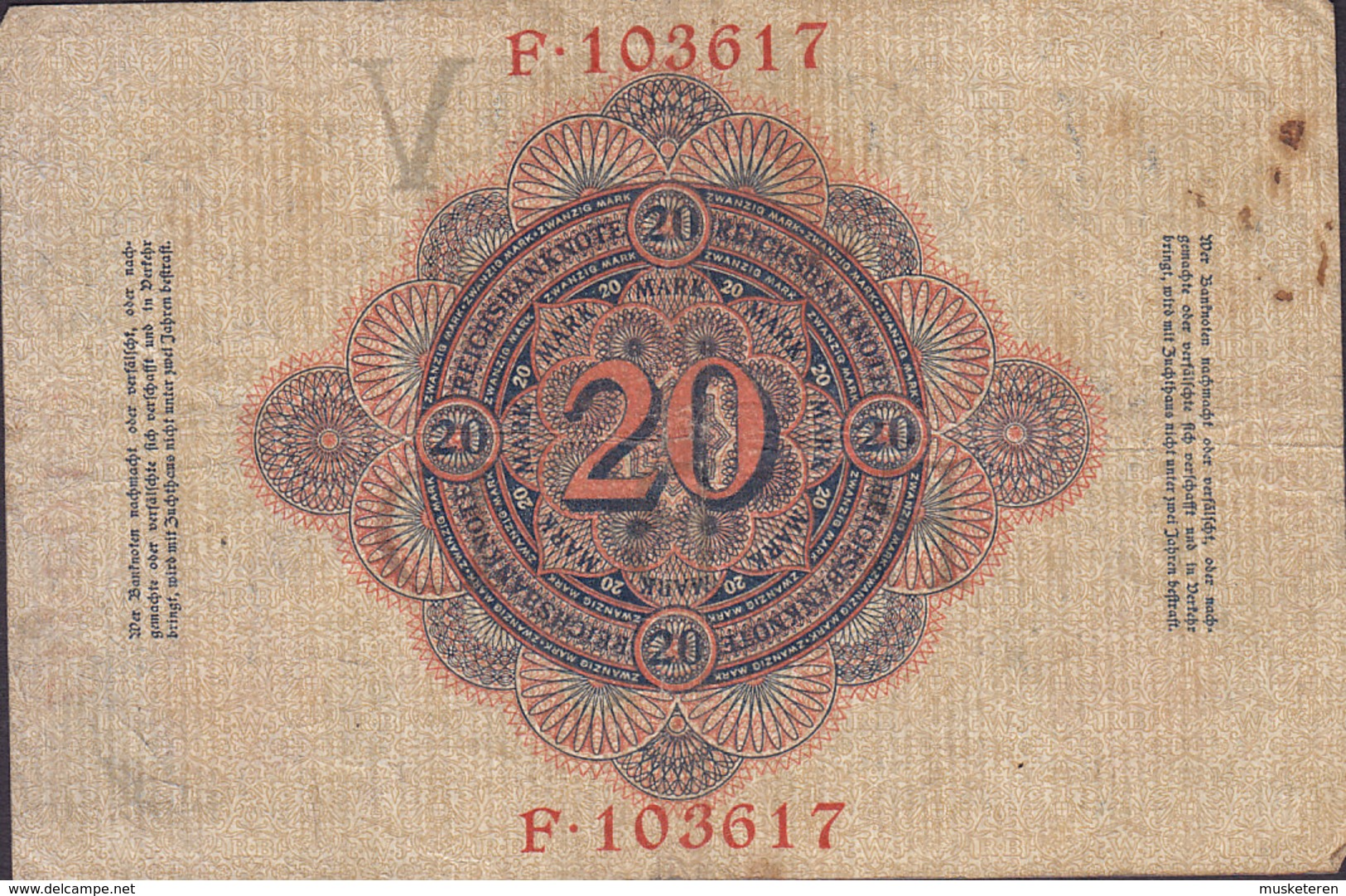 Germany - 20 MARK Reichsbanknote Berlin (21-4-1910) F 103617 (2 Scans) - 20 Mark