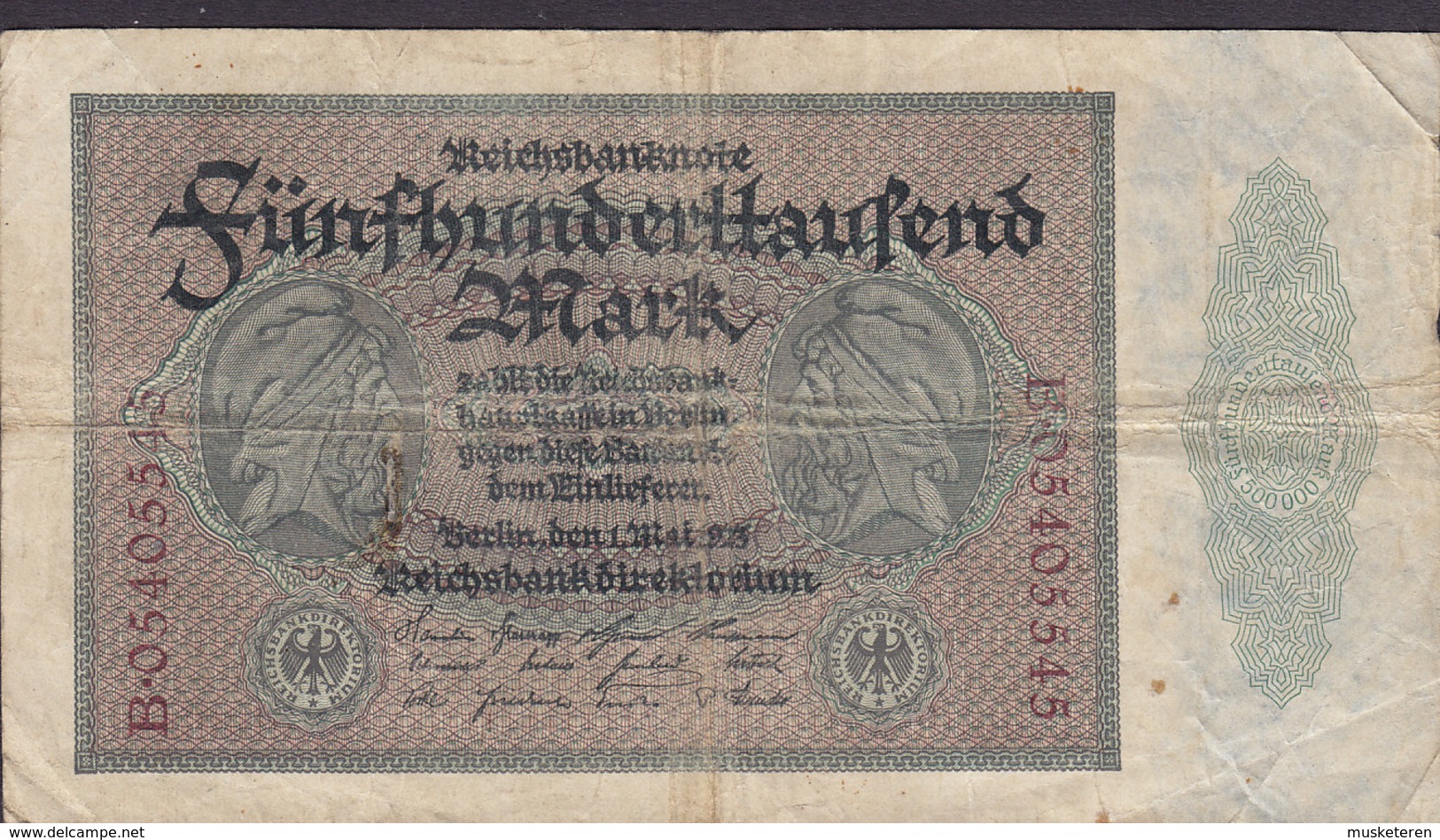 Germany - 500.000 MARK Reichsbanknote Berlin (1-5-1923) B 05405545 (2 Scans) - 500.000 Mark