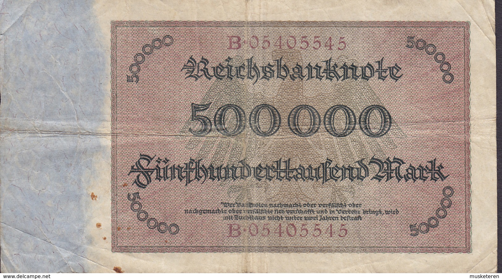 Germany - 500.000 MARK Reichsbanknote Berlin (1-5-1923) B 05405545 (2 Scans) - 500.000 Mark